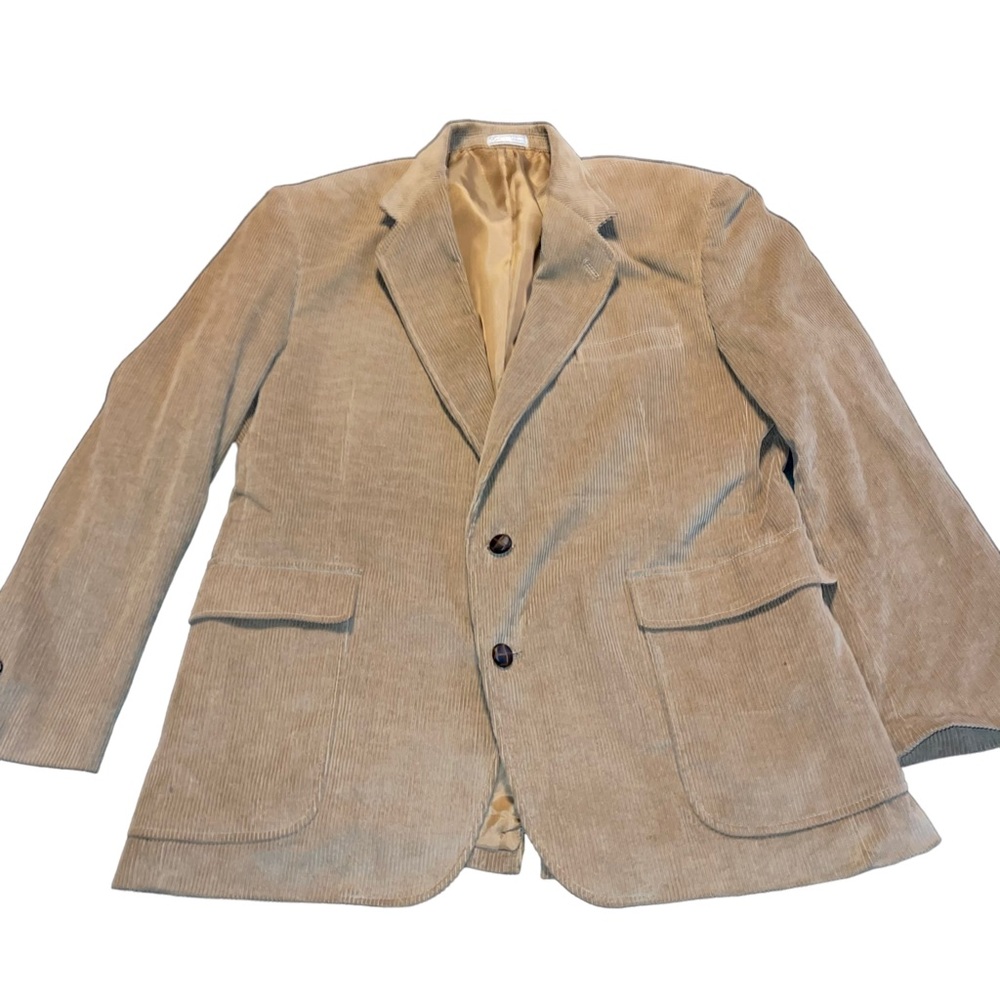 The Men’s Store Men’s Corduroy Blazer Tan Size 44R 2 Button Leather Look Button